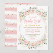 Chic Blush Goud Roze Bloemen Sweet Baby Meisje Dou Kaart (Voorkant / Achterkant)