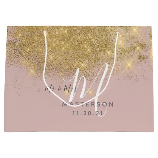 Chic Blush | Gouden Stofvonk Monogram Huwelijk Groot Cadeauzakje (Voorkant)