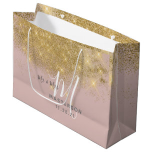 Chic Blush Gouden Stofvonk Monogram Huwelijk Groot Cadeauzakje