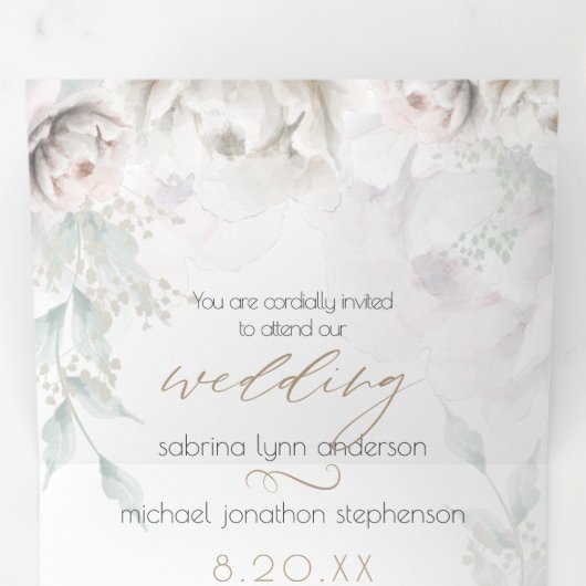 Chic Blush Koraal Witte Pioenrozen ALL in ONE Trou Drieluik Uitnodiging (Binnenzijde eerst)