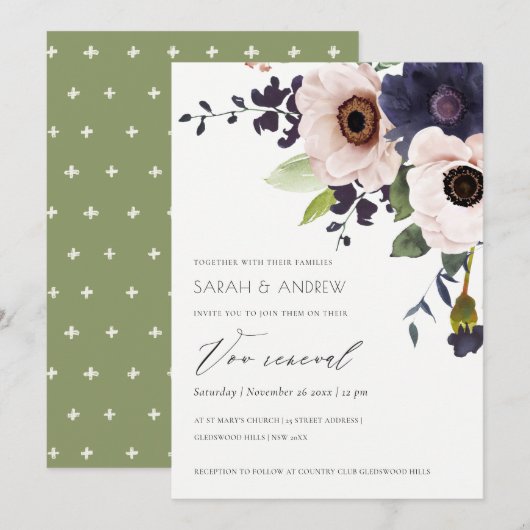 Chic Blush Navy Anemone Floral Vow Renewal Invite Bedankkaart (Voorkant / Achterkant)
