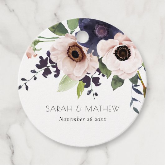 Chic Blush Navy Anemone Floral Waterverf Wedding Bedankjes Labels (Voorkant)