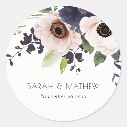 Chic Blush Navy Anemone Floral Waterverf Wedding Ronde Sticker (Voorkant)