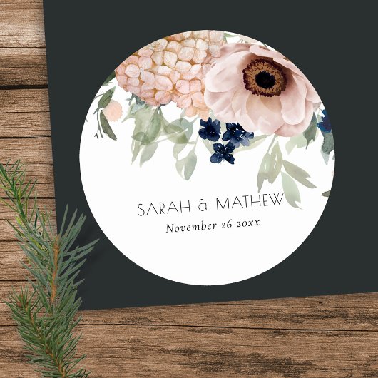 Chic Blush Navy Anemone Floral Waterverf Wedding Ronde Sticker