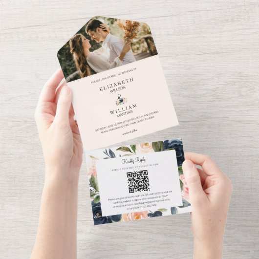 Chic Blush & Navy Floral Wedding QR Code Foto All In One Uitnodiging (Afscheurbaar)