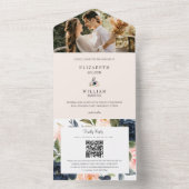 Chic Blush & Navy Floral Wedding QR Code Foto All In One Uitnodiging (Binnen)