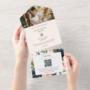Chic Blush & Navy Floral Wedding QR Code Foto All In One Uitnodiging
