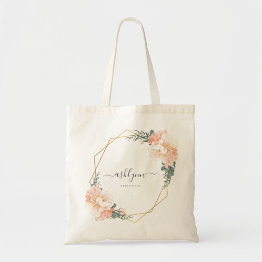 Chic Blush Peach Floral Gold Geometric Bridesmaid Tote Bag (Voorkant)