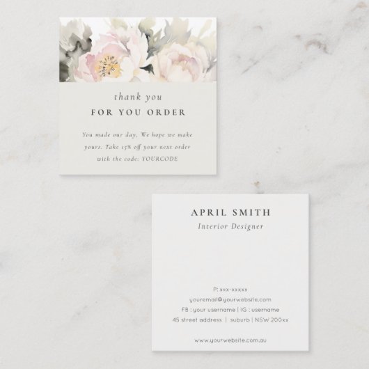 Chic Blush Peony Waterverf Floral Dank u bestellin Vierkante Visitekaartje (Voorkant / Achterkant)