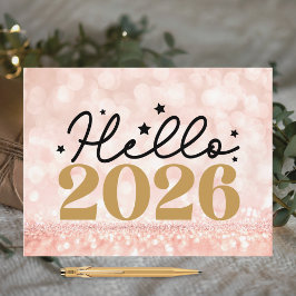 Chic Blush Pink Black Hello 2026 Happy New Year Feestdagenkaart