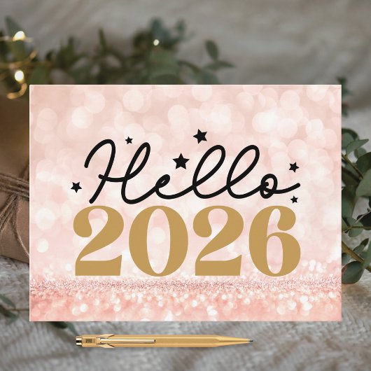 Chic Blush Pink Black Hello 2026 Happy New Year Feestdagenkaart