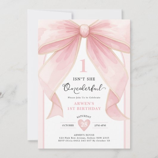 Chic Blush Pink Bow ONEderful Meisje 1e Verjaardag Kaart (Voorkant)