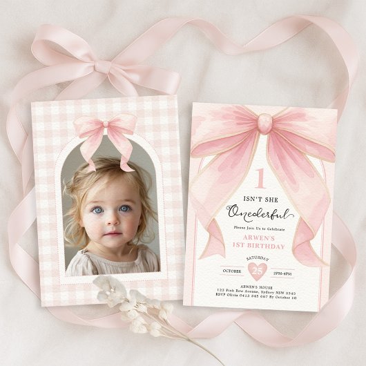 Chic Blush Pink Bow ONEderful Meisje 1e Verjaardag Kaart