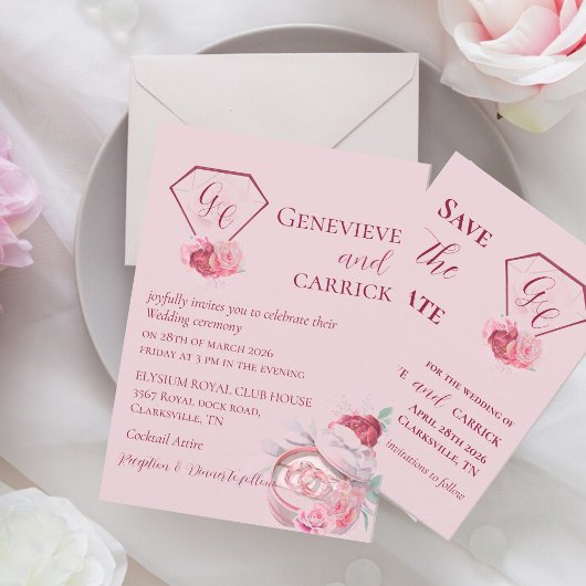 Chic Blush Pink & Crimson Red Sla de datum Kaart