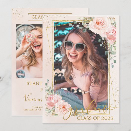 Chic Blush Pink Floral Afstuderen Foto Afbeeldinge Aankondiging (Voorkant / Achterkant)