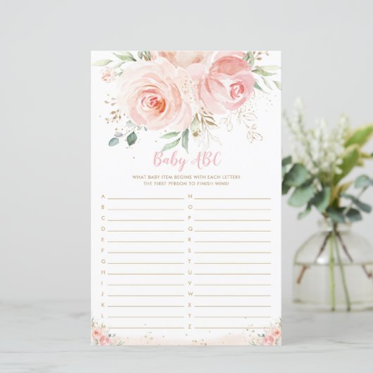 Chic Blush Pink Floral Baby ABC Fun Shower Game (Staand voorkant)