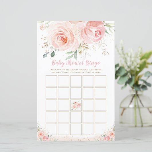 Chic Blush Pink Floral Baby shower Bingo Game (Staand voorkant)