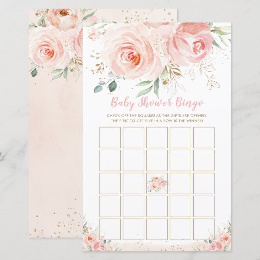 Chic Blush Pink Floral Baby shower Bingo Game (Voorkant / Achterkant)