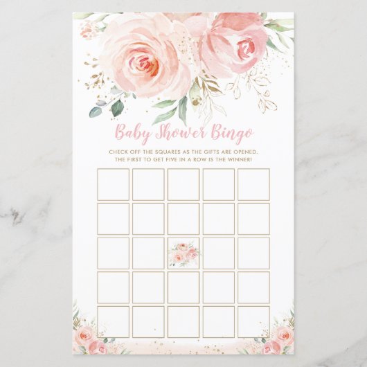 Chic Blush Pink Floral Baby shower Bingo Game (Voorkant)