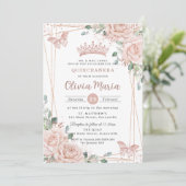Chic Blush Pink Floral Butterflies Quinceañera Kaart (Staand voorkant)