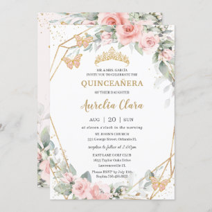 Chic Blush Pink Floral Butterflies Quinceañera Kaart