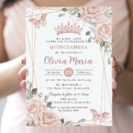 Chic Blush Pink Floral Butterflies Quinceañera Kaart
