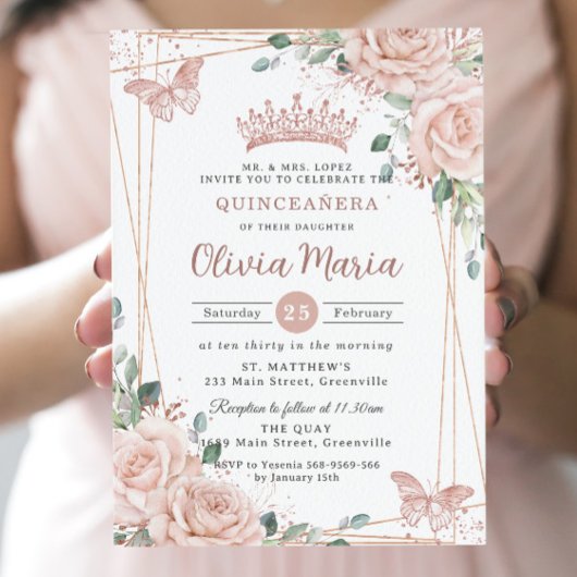Chic Blush Pink Floral Butterflies Quinceañera Kaart