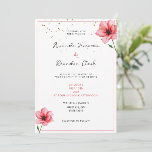 Chic Blush Pink Floral Confetti Frame Wedding Kaart (Staand voorkant)