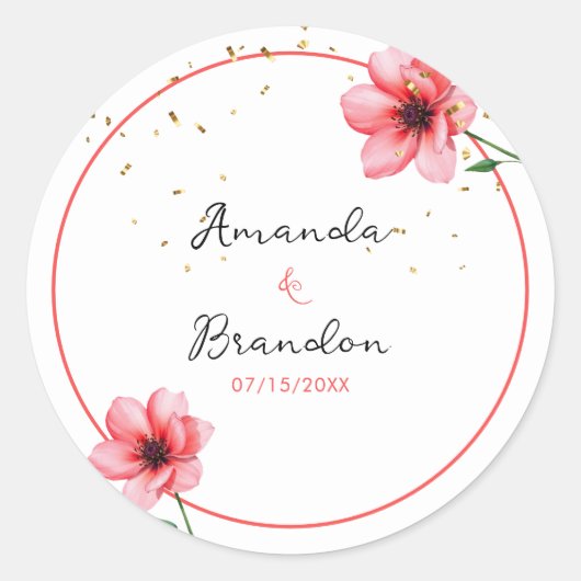 Chic Blush Pink Floral Confetti Frame Wedding Ronde Sticker (Voorkant)