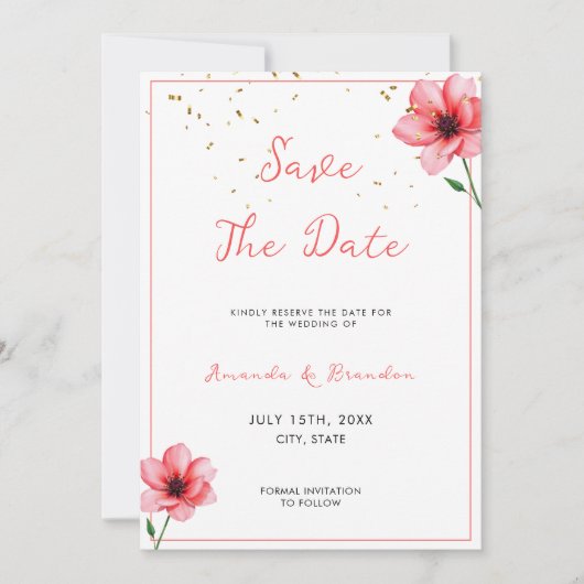 Chic Blush Pink Floral Confetti Frame Wedding Save The Date (Voorkant)