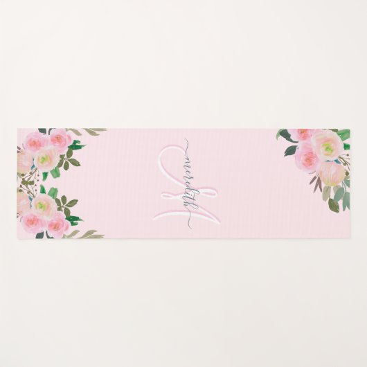 Chic Blush Pink Floral Custom Monogram Name Yogamat (Voorkant (horizontaal))