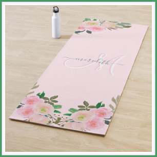 Chic Blush Pink Floral Custom Monogram Name Yogamat