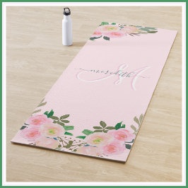 Chic Blush Pink Floral Custom Monogram Name Yogamat
