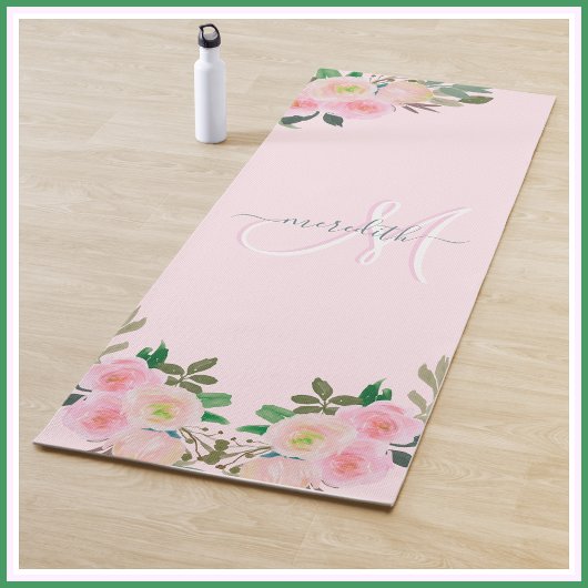 Chic Blush Pink Floral Custom Monogram Name Yogamat