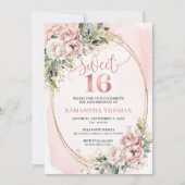 Chic Blush Pink Floral Eucalyptus Sweet 16 Invite Kaart (Voorkant)