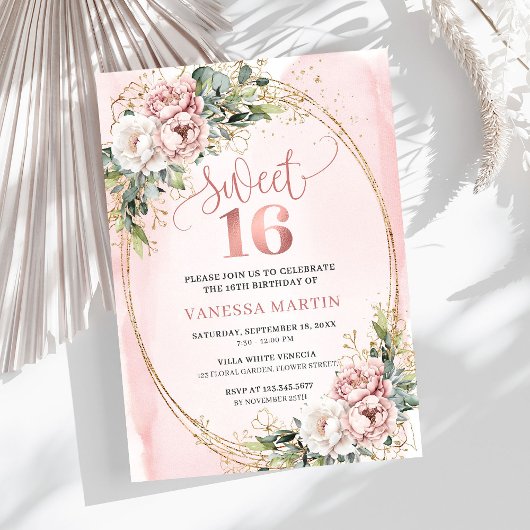 Chic Blush Pink Floral Eucalyptus Sweet 16 Invite Kaart