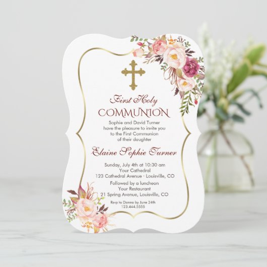 Chic Blush Pink Floral Gold First Heilige Communie Kaart (Staand voorkant)