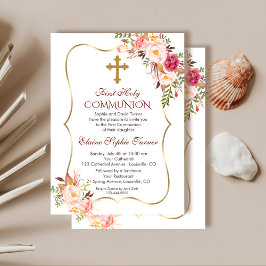 Chic Blush Pink Floral Gold First Heilige Communie Kaart