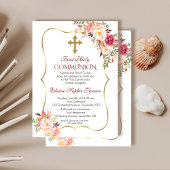 Chic Blush Pink Floral Gold First Heilige Communie Kaart