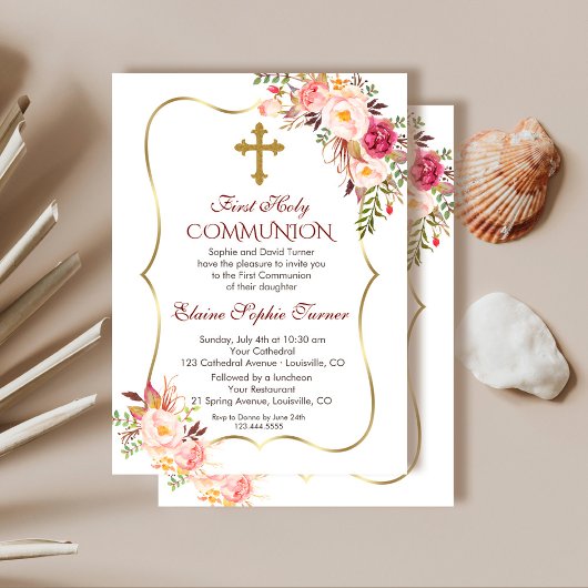 Chic Blush Pink Floral Gold First Heilige Communie Kaart