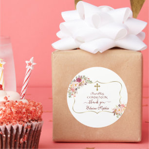 Chic Blush Pink Floral Gold First Heilige Communie Ronde Sticker