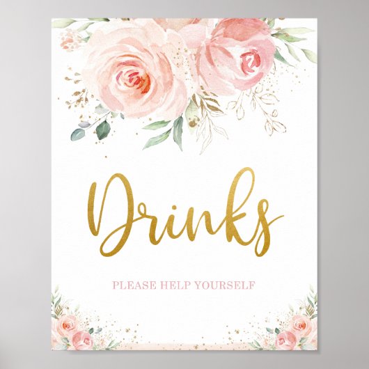 Chic Blush Pink Floral Gold Foliage Drink Sign. Poster (Voorkant)