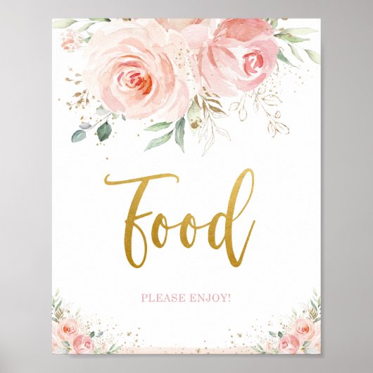 Chic Blush Pink Floral Gold Foliage Food Sign. Poster (Voorkant)
