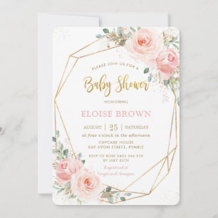 Chic Blush Pink Floral Gold Geometric Baby shower Kaart