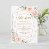 Chic Blush Pink Floral Gold Geometric Baby shower Kaart (Staand voorkant)