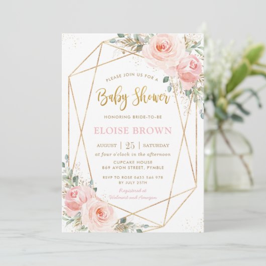 Chic Blush Pink Floral Gold Geometric Baby shower Kaart (Staand voorkant)