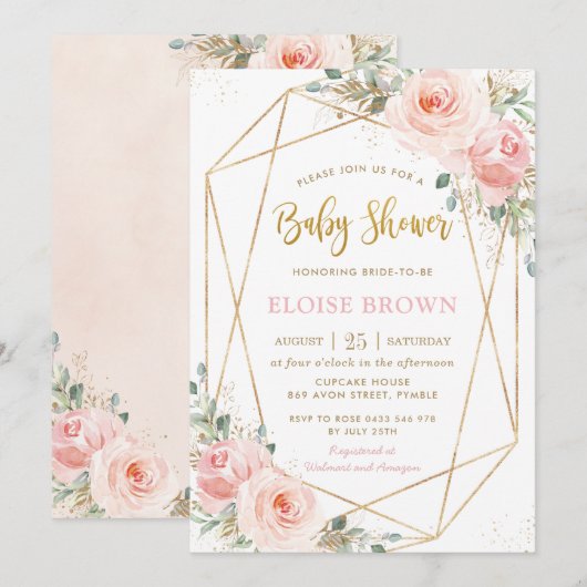 Chic Blush Pink Floral Gold Geometric Baby shower Kaart (Voorkant / Achterkant)