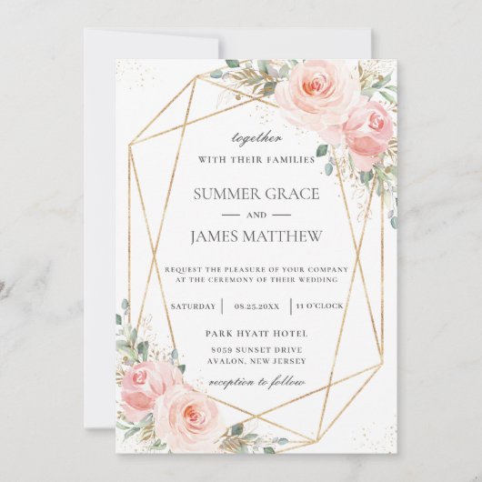 Chic Blush Pink Floral Gold Geometric Wedding  Kaart (Voorkant)