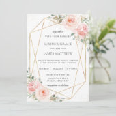 Chic Blush Pink Floral Gold Geometric Wedding  Kaart (Staand voorkant)