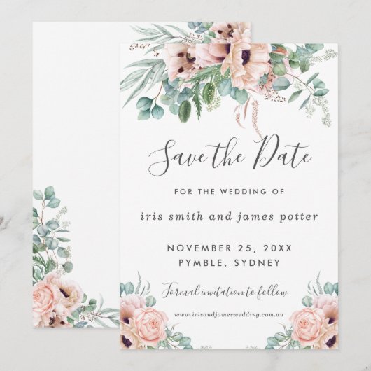 Chic Blush Pink Floral Greenery Save the Date Kaar Kaart (Voorkant / Achterkant)